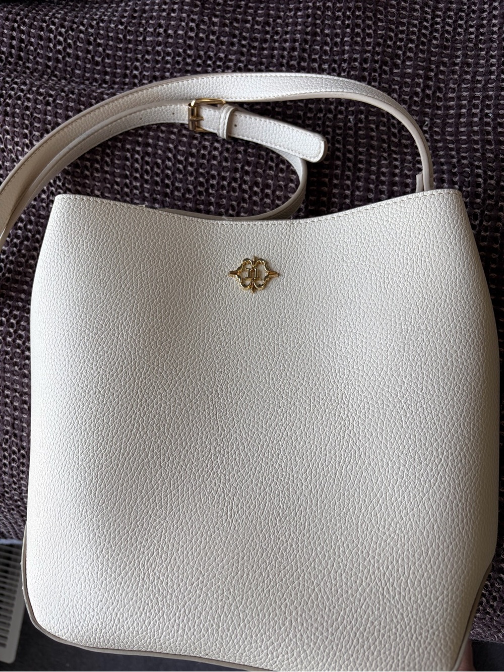 Nanette Lepore White Pebbled Leather Crossbody with Gold Emblem